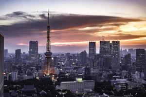 Seaside Top Observatory view of Tokyo Tower at sunset